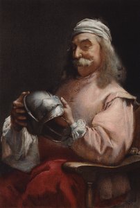 A Friend in Need, retrato de um homem olhando para um capacete (chromolitho) de Frederick William Davis