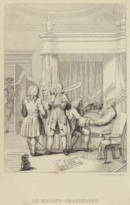 Le Malade Imaginaire: sátira retratando o autor e botânico John Hill na cama sendo consultado por uma série de médicos todos determinados a garantir seus honorários