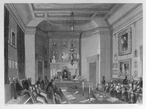 Vista do Interior da Somerset House, mostrando uma reunião da Royal Antiquarian Society, c.1840