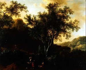 Italianate Lake Landscape com Viajantes em um Caminho