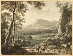 Paisagem italianizada com camponeses viajantes em primeiro plano