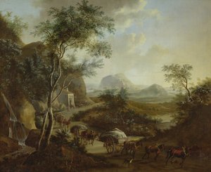 Paisagem com um comboio de cavalos e carrinhos