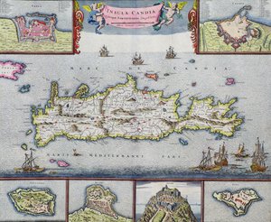 Mapa da ilha de Candia (Creta) com o porto marítimo de Herakleion, c.1680