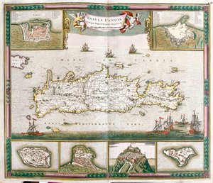 Mapa da ilha de Creta, com vista para as cidades fortificadas de La Cane e Heraklion e as fortalezas de Spinalonga, Retino, Thine e Souda (gravura de Frederick de Wit