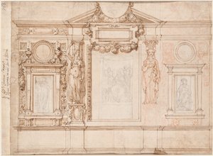 Projeto para uma decoração de parede com croquis colados após Raphael (verso) de Frederico Zuccaro