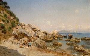 Na praia, Capri com o Vesúvio ao fundo de Frederico del Campo