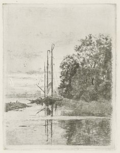 Vista do rio com dois navios e uma barcaça. de Fredericus Jacobus van Rossum du Chattel (signed by artist)