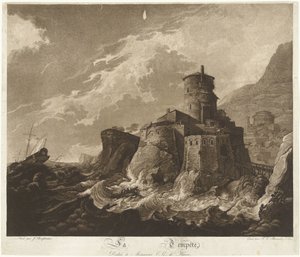 Castelo em costa rochosa e navios em tempestade no mar
La Tempête (título sobre o objecto)