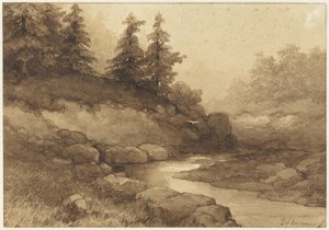 Paisagem montanhosa com um rio de Frederik Hendrik Kaemmerer