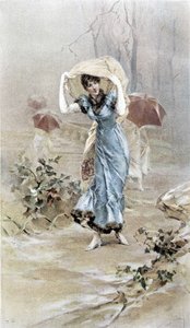 Mulher a proteger-se da chuva - alegoria do início do Outono, calendário ilustrado por Hubert Dys, pintado por F.H. Kaemmerer