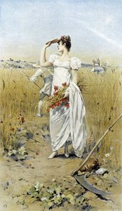 Mulher com trigo e papoilas - alegoria do final do verão, calendário ilustrado por Hubert Dys, pintado por F.H. Kaemmerer