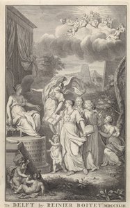 Minerva e as Artes em frente de uma figura entronizada
Página de título para: Het Groot Natuur- en Zedekundigh Wereldtoneel, Delft, R. Boitet, 1743