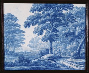 Uma placa retangular holandesa muito rara de Delft em azul e branco, representando viajantes em uma estrada em uma paisagem arborizada (porcelana) de Frederik van Frijtom