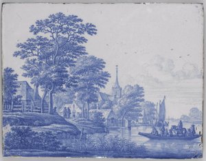 Placa retangular com paisagem fluvial de Frederik van Frytom (attributed to)