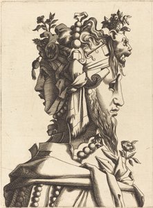 Busto de uma mulher em um traje extravagante de French 16th Century after René Boyvin or Pierre Milan