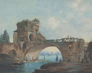 A Ponte Salario com Lavadeiras de French 18th Century after Hubert Robert