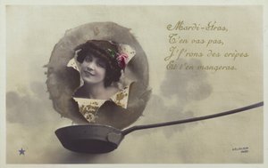 Uma cabeça de mulher explodindo acima de uma panela de panqueca (fotocolagem colorida) de French Photographer