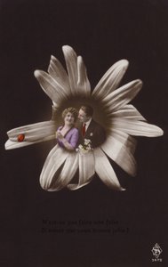 Um jovem casal no centro de uma flor com joaninha (fotocolagem matizada) de French Photographer