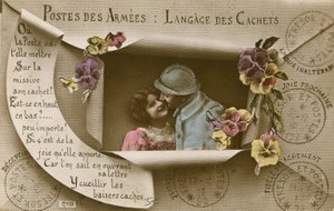 Cartão explicando os usos de cartões postais para aqueles com homens no exército de French Photographer