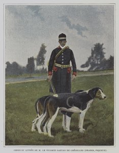 Caçador e caçador na cavalariça da caça ao Vicomte Gaetan de Chezelles, França (foto a cores) de French Photographer