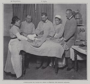 Inoculação de um paciente com a vacina contra a garupa em um hospital para crianças doentes em Paris (foto a p/b) de French Photographer