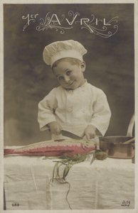 Rapazinho cozinhando um peixe (foto colorida) de French Photographer