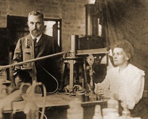 Pierre e Marie Curie no laboratório de French Photographer