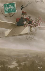Postal de um aviador entregando flores, enviado em 6 de junho de 1913 (foto colorida à mão) de French Photographer