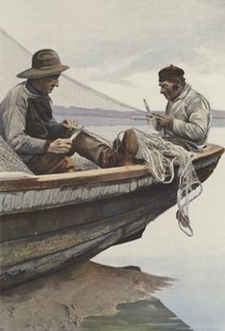 Em La Canche, pescadores consertando suas redes de French Photographer