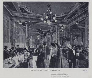 O grande salão do Café Américain, Paris (foto a p/b) de French Photographer