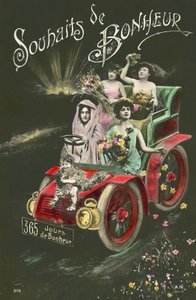 Mulheres a atirar flores de um carro (foto a cores) de French Photographer