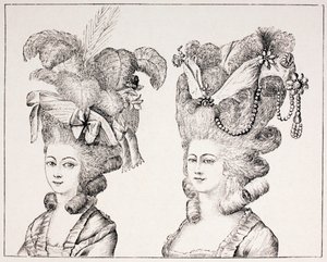 Meninas francesas do século XVIII que vestem estilos e chapéus extravagantes do cabelo, 1875 de French School