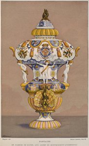 Fonte em faiança do século XVIII, com o brasão de armas de Montmorency Luxembourg, fabricado em Rouen, ilustração do Dictionnaire de lameublement et de la decoration de Henry Havard, volume 2, de French School