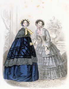 2 mulheres na moda: em traje - em "Journal des Demoiselles" 1852 (gravura) de French School