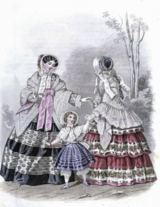 2 mulheres na moda com uma garota em passeio - no "Journal des Demoiselles" 1852. de French School