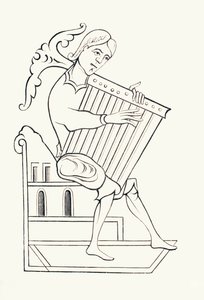 Um músico do século IX tocando um instrumento musical conhecido como psalterium, de &39;Les Arts au Moyen Age&39;, publicado em 1873 (lito) de French School