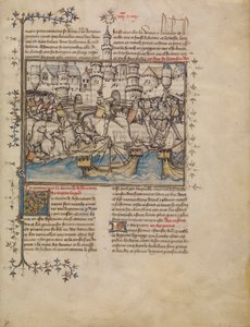 Uma Batalha da Guerra de Tróia, c.1390-1400 (tempera, lavagens e folha de ouro em pergaminho) de French School