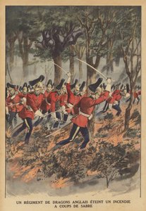 Um regimento britânico de dragões usando as suas espadas para apagar um fogo (cor litho) de French School
