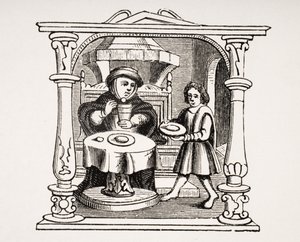 Burgess Eating Meal, após uma ilustração em um manuscrito do século XVI, de Le Moyen Age et La Renaissance, de Paul Lacroix (1806-84), publicado em 1847 de French School