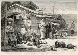 Uma vila de pescadores chineses perto de Monterey, Califórnia, testemunhou a importante comunidade chinesa estabelecida na costa do Pacífico dos Estados Unidos. Gravura depois do desenho de D.Maillard, para ilustrar a história La conquete blanche, de Willi de French School