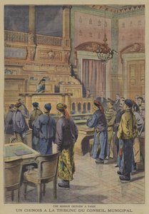Uma missão chinesa a Paris: um dos delegados chineses no pódio da Câmara Municipal (cor litho) de French School