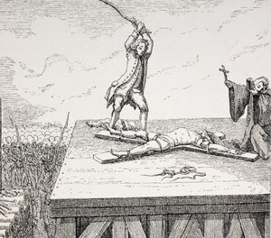 Um criminoso condenado à morte sendo quebrado em uma cruz de Santo André na fraque do século 18, 1875 de French School