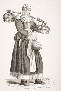 Um comerciante em ovos, depois de uma xilogravura do século XVI por Cesare Vecellio (1521-1601) de &39;Le Moyen Age et La Renaissance&39; por Paul Lacroix (1806-84) publicou 1847 de French School