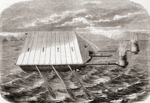 Um navio-fogo grego, depois de um desenho num manuscrito latino do século XIII, de Les Merveilles de la Science, publicado c.1870 (gravura) de French School