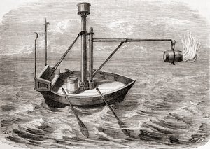 Um navio-fogo grego, depois de um desenho num manuscrito latino do século XIII, de Les Merveilles de la Science, publicado c.1870 (gravura) de French School