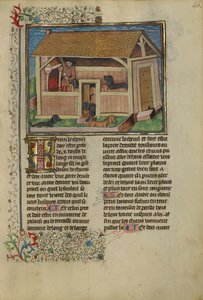 Um Caçador Atendendo a Cães em Canil, c.1430-40 (têmpera, ouro, tinta prateada e folha em pergaminho) de French School