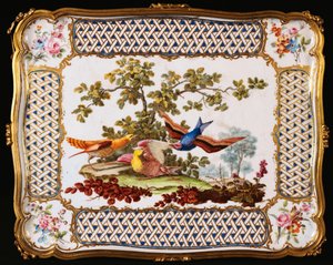 Uma bandeja Louis XV Sevres decorada com três pássaros exóticos em uma paisagem, formando o topo de uma mesa um café, 1761 de French School