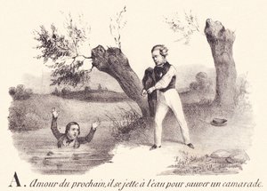 R: Amor ao próximo, ele se joga na água para salvar um camarada. de French School