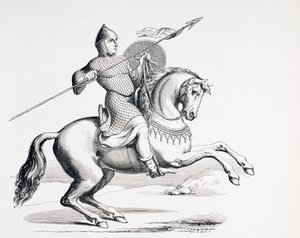 Um cavaleiro normando vestido de cota de malha e capacete com lança e escudo, 1873 de French School