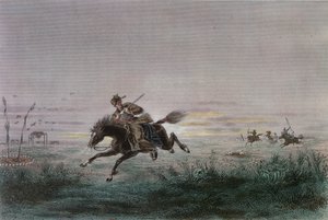 Um carteiro do American Pony Express sendo atacado por nativos americanos